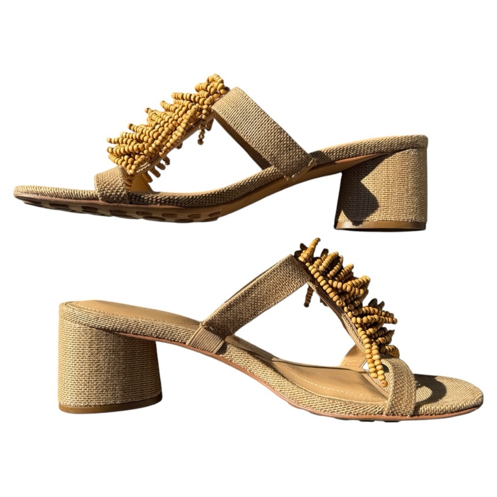 Chicos Elegant Tan Raffia Boho Beaded Fringe Women's Sandals Size 10